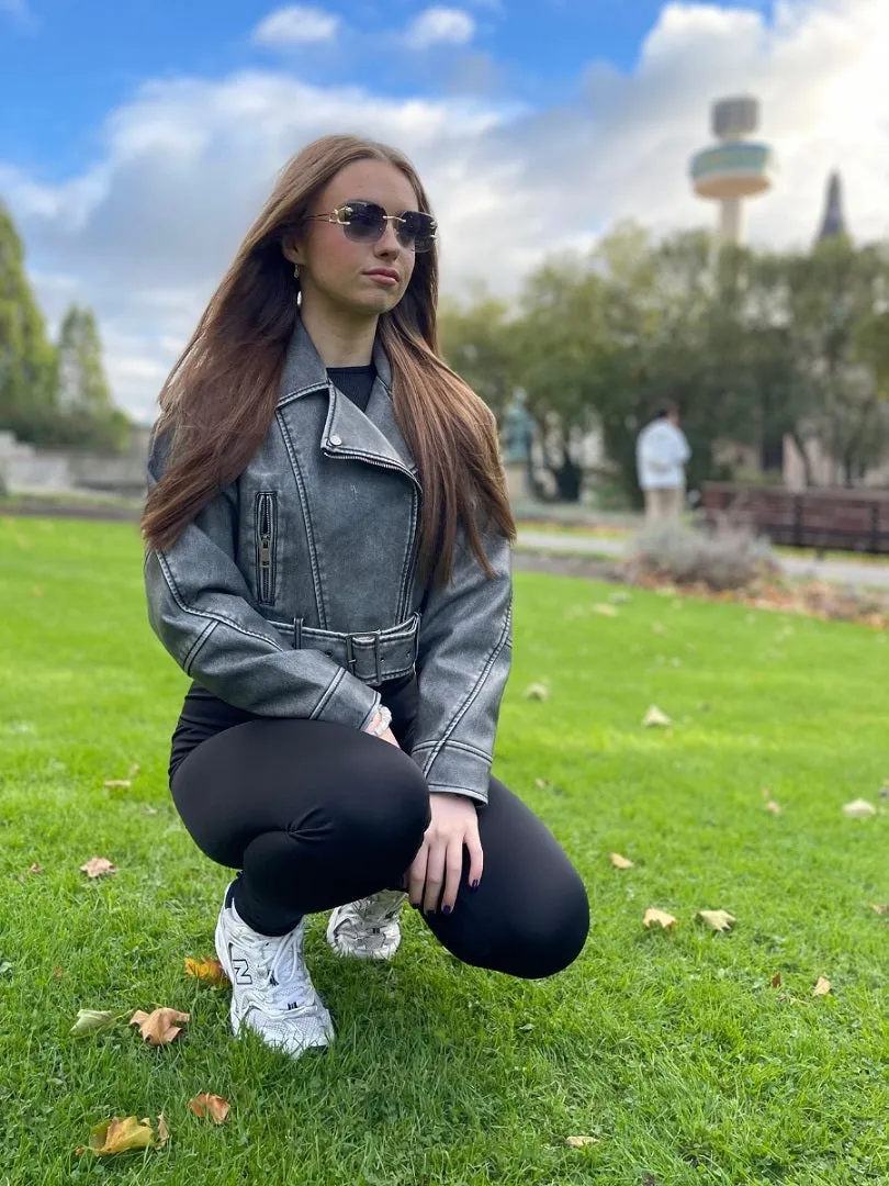 Grey Faux Leather Zipped Biker Jacket - Stormi