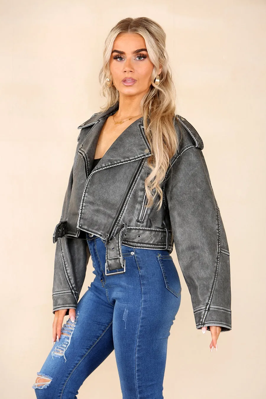 Grey Faux Leather Zipped Biker Jacket - Stormi