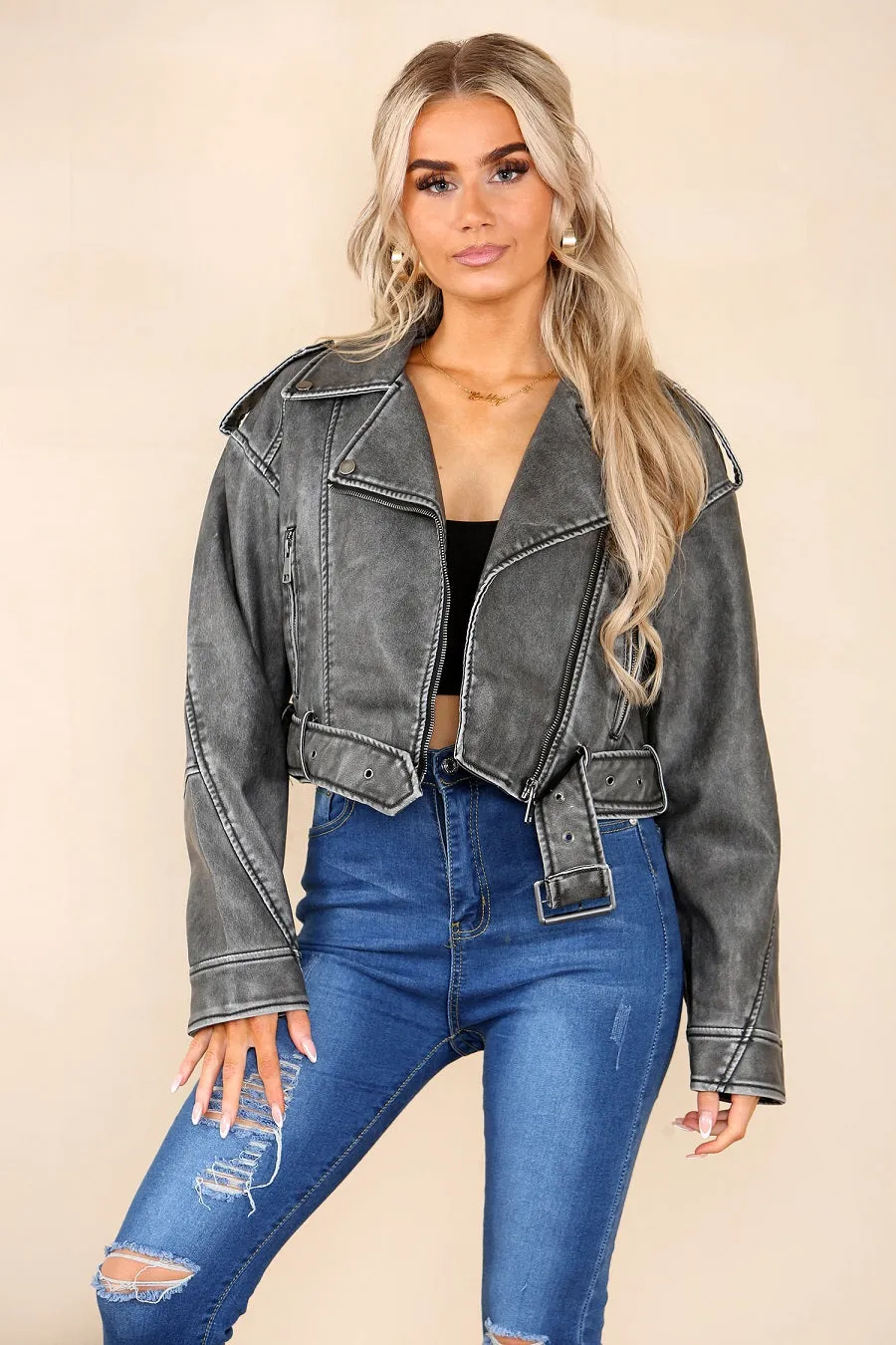 Grey Faux Leather Zipped Biker Jacket - Stormi