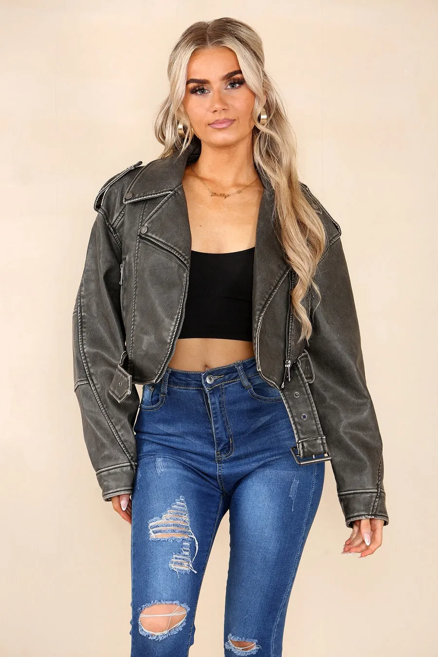Grey Faux Leather Zipped Biker Jacket - Stormi