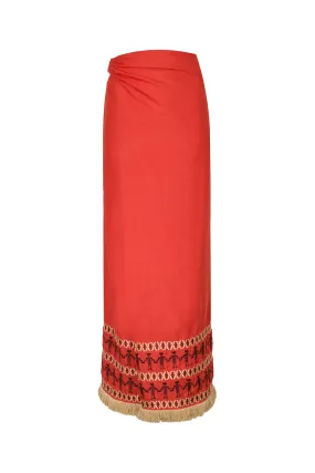Guainia Linen Midi Skirt / Red Embroidered