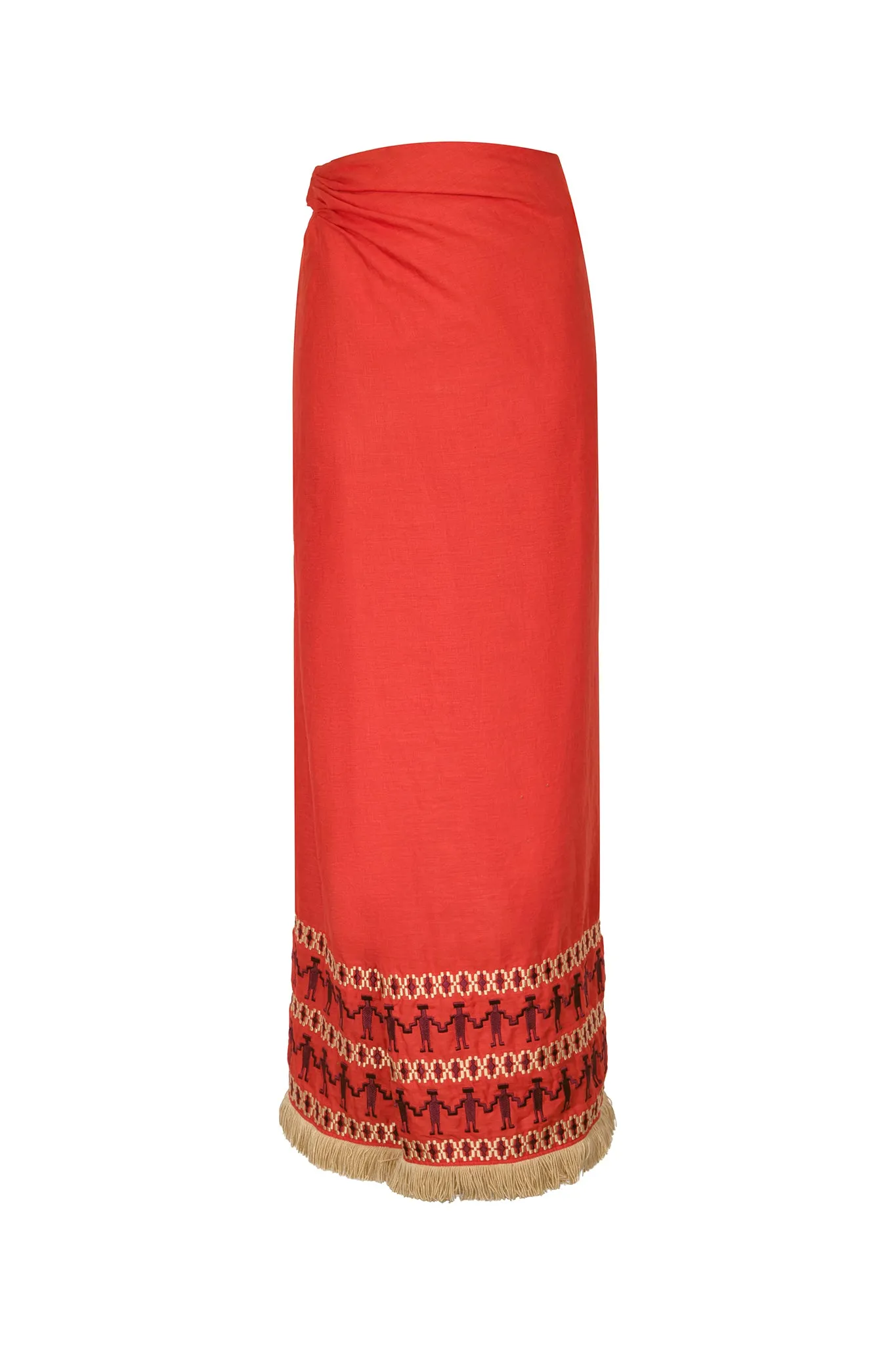 Guainia Linen Midi Skirt / Red Embroidered