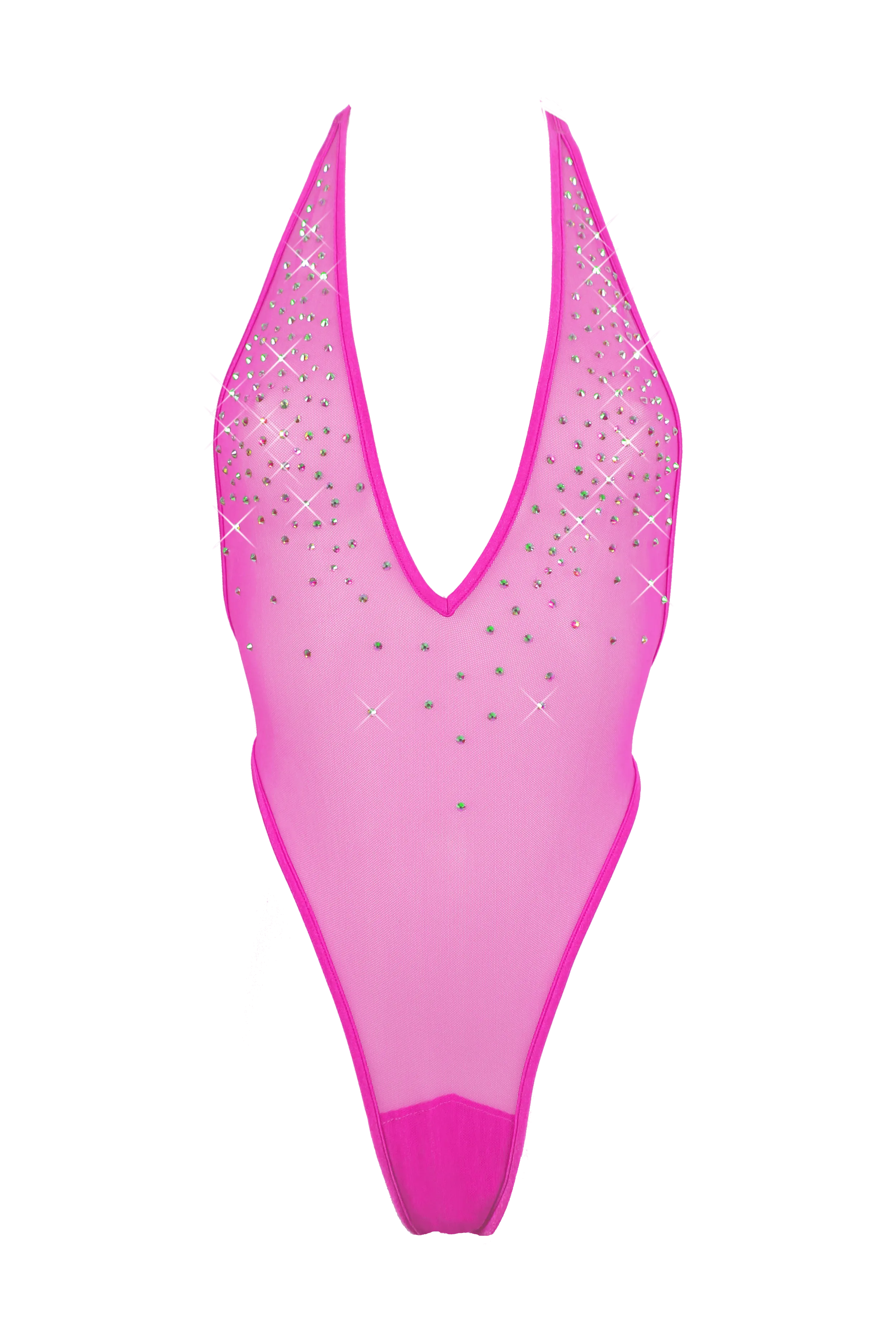 High Cut Bodysuit  SKINNY CRYSTAL  / Sexy Lingerie Sheer Mesh/ NEON PINK