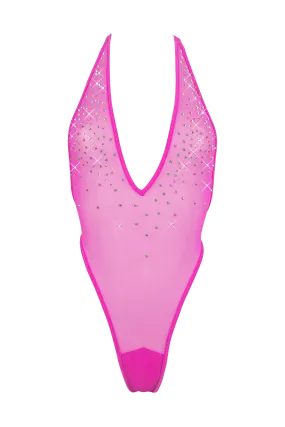 High Cut Bodysuit  SKINNY CRYSTAL  / Sexy Lingerie Sheer Mesh/ NEON PINK