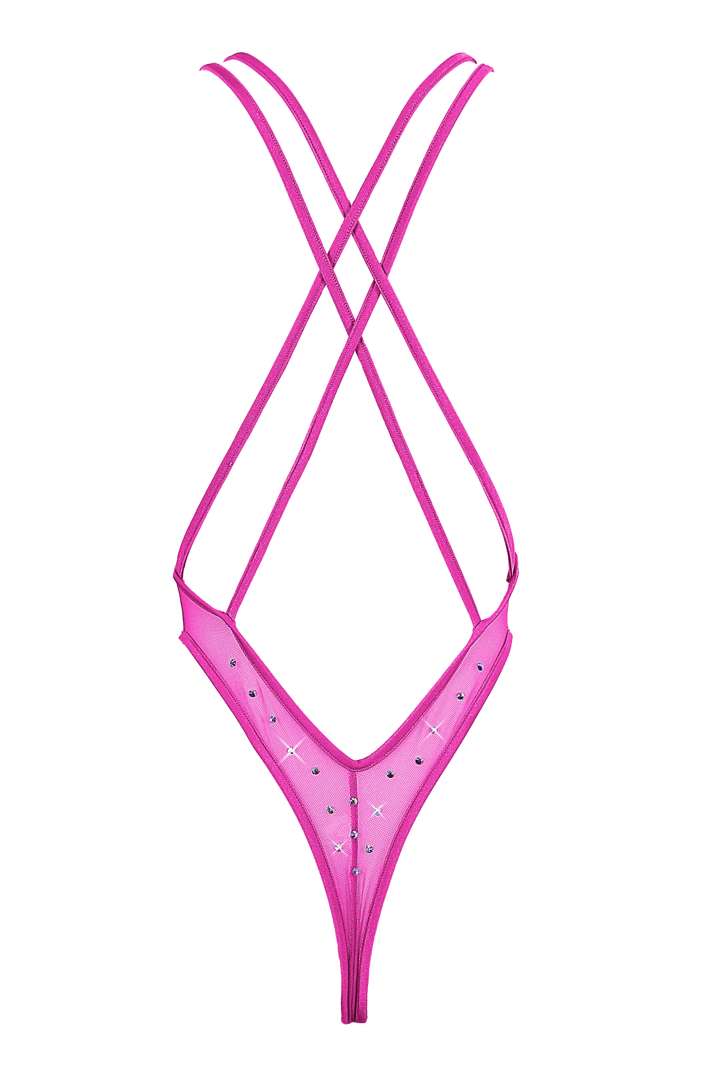 High Cut Bodysuit  SKINNY CRYSTAL  / Sexy Lingerie Sheer Mesh/ NEON PINK