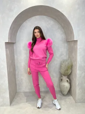 Hot Pink Luxury Fur Roll Neck Jogger Tracksuit