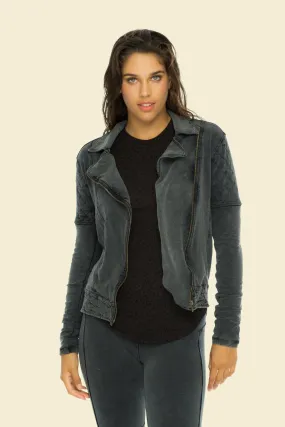 Indah Pizza Stonewash Zip Cotton Quilt Moto Jacket | Wolf | SALE