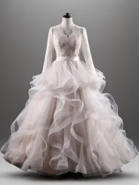 Ivory Vintage Lace Ball Gown Wedding Dress with Long Sleeves - Layered Tulle Ruffle Dress with V-Neckline Plus Size