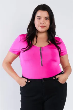 Junior Plus Size Fuchsia Front Zipper Short Sleeves Bodysuit /2-2-2