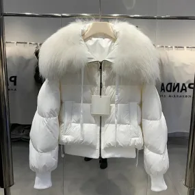 Lagabogy Winter Puffer Jacket Women Thick Warm Short Parkas Real Natural Raccoon Fur Female Loose 90% White Duck Down Coat