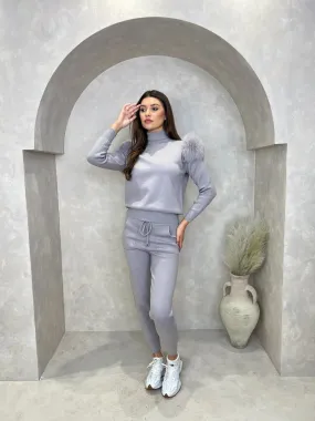 Light Grey Luxury Fur Roll Neck Jogger Tracksuit