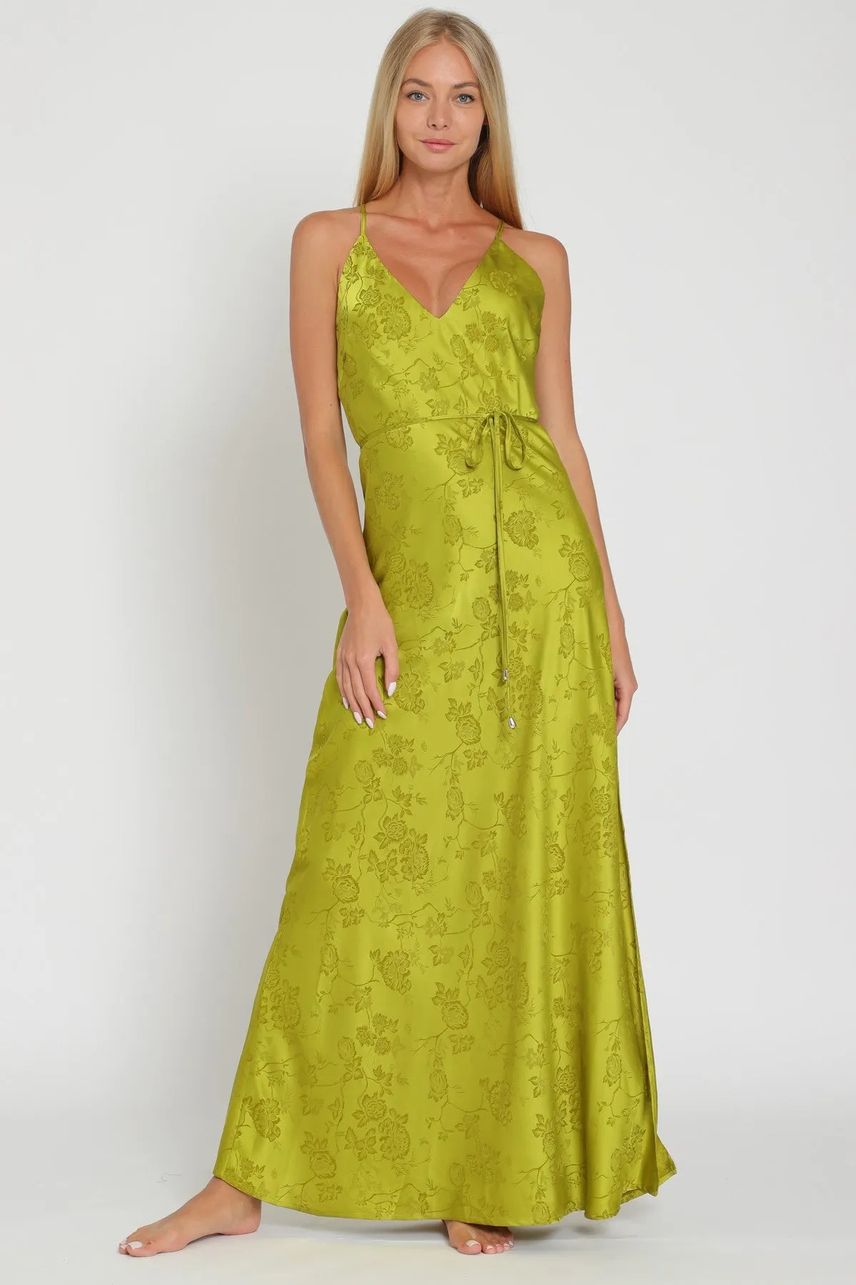 Lime Satin Belted Maxi Dress