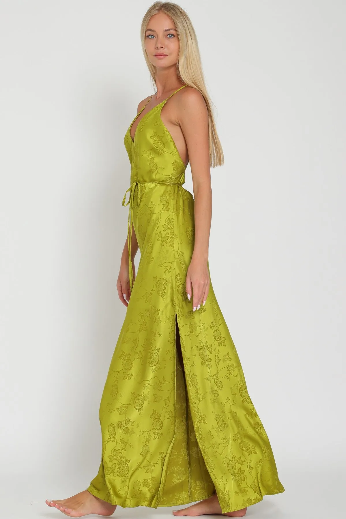 Lime Satin Belted Maxi Dress