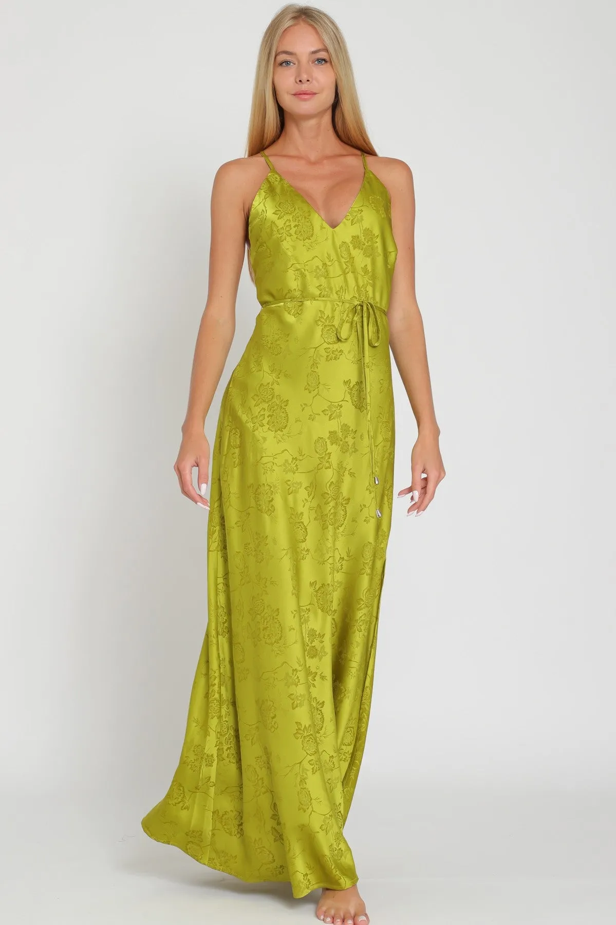 Lime Satin Belted Maxi Dress