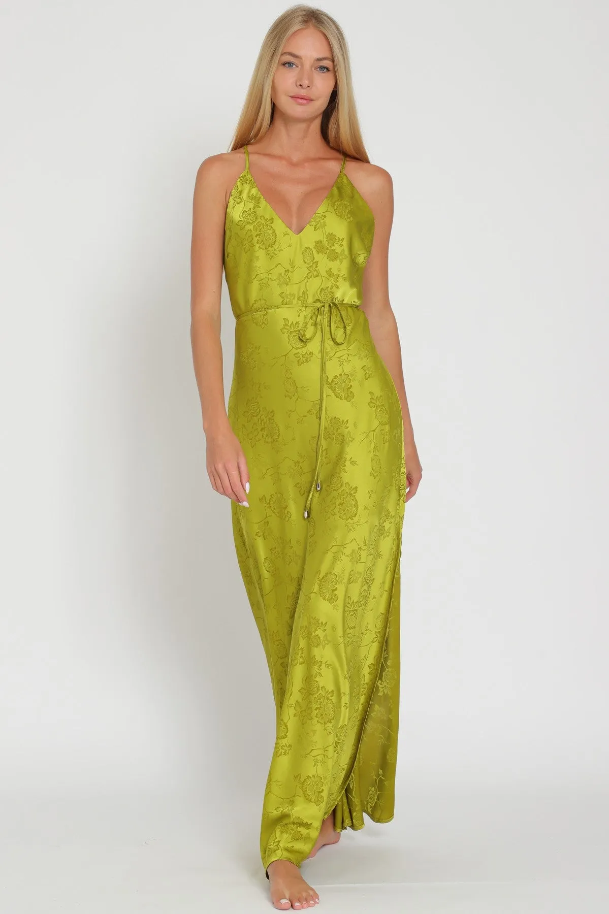 Lime Satin Belted Maxi Dress