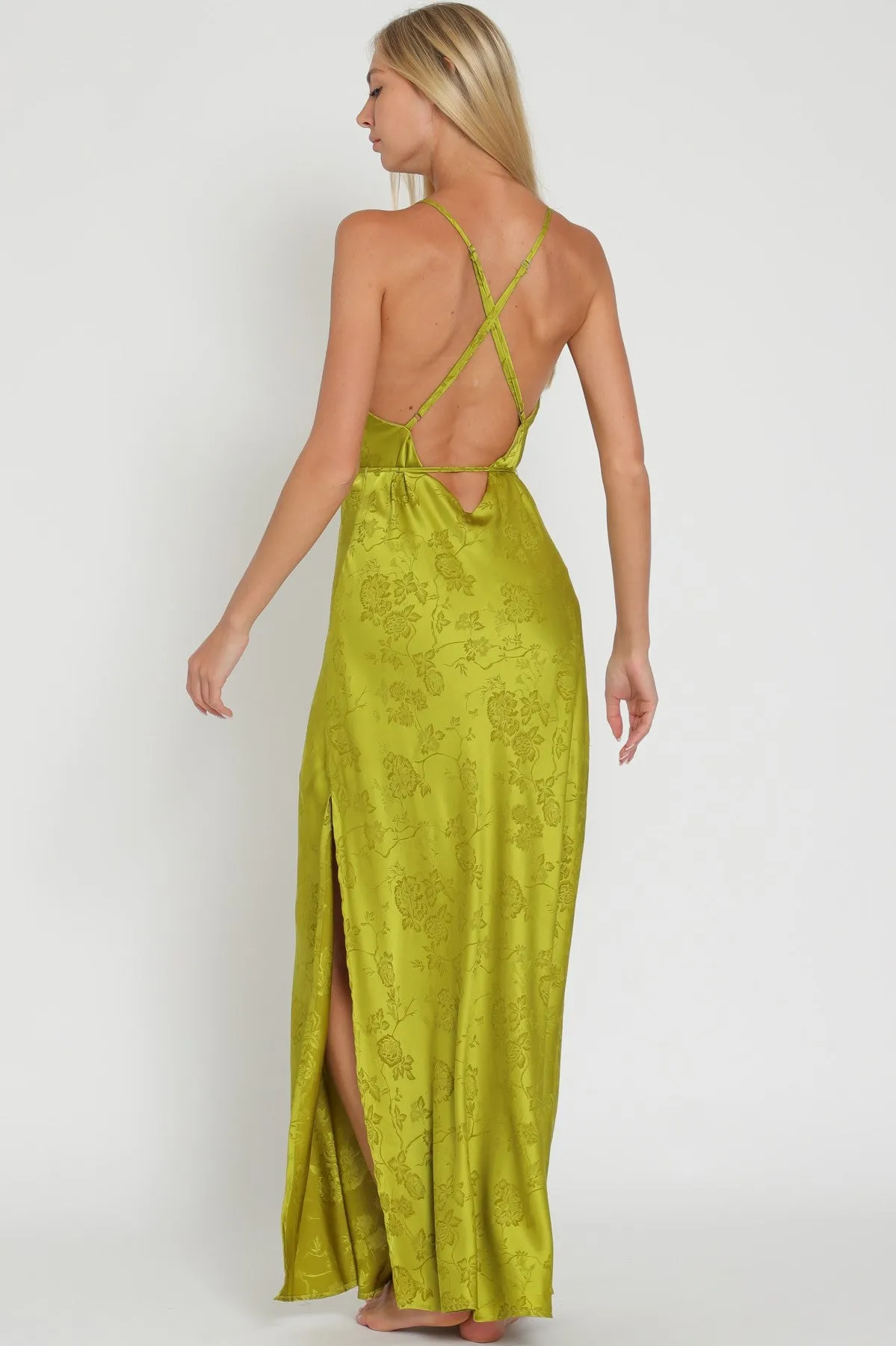 Lime Satin Belted Maxi Dress
