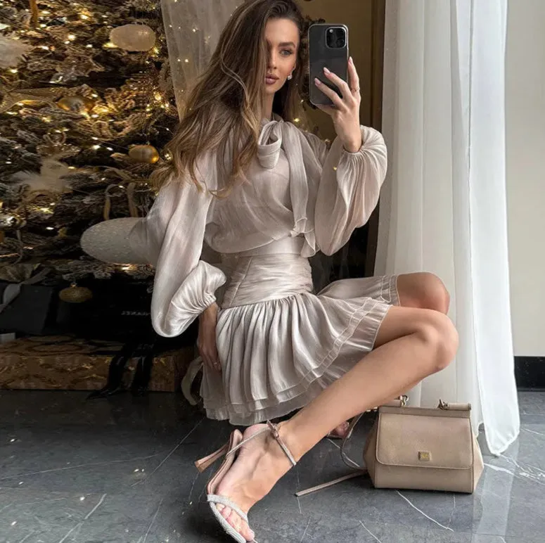 Long Lantern Sleeve Blouse and Pleated Skirt Suit