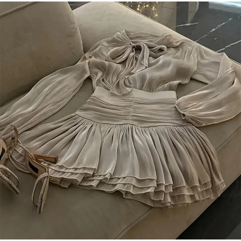 Long Lantern Sleeve Blouse and Pleated Skirt Suit