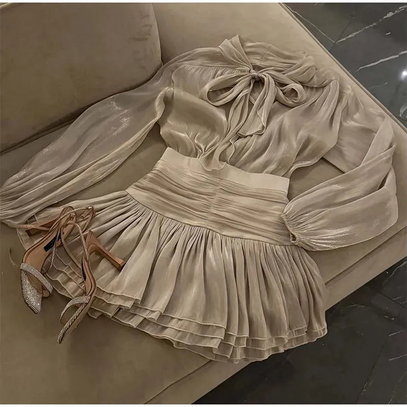 Long Lantern Sleeve Blouse and Pleated Skirt Suit