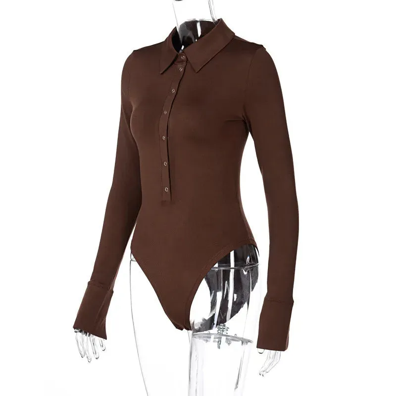 Long Sleeve Buttons Contrast Collar Flare Sleeve Bodysuit