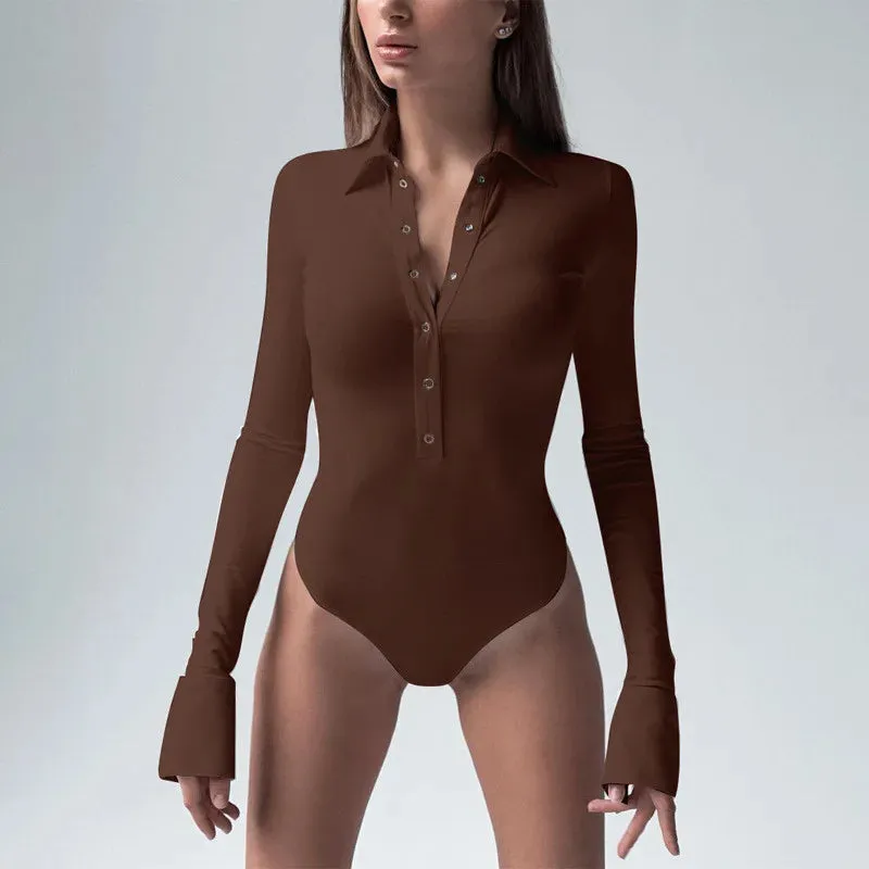Long Sleeve Buttons Contrast Collar Flare Sleeve Bodysuit