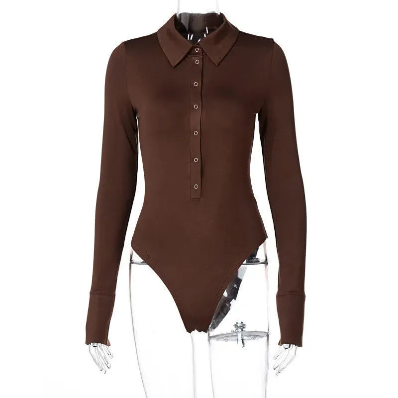 Long Sleeve Buttons Contrast Collar Flare Sleeve Bodysuit