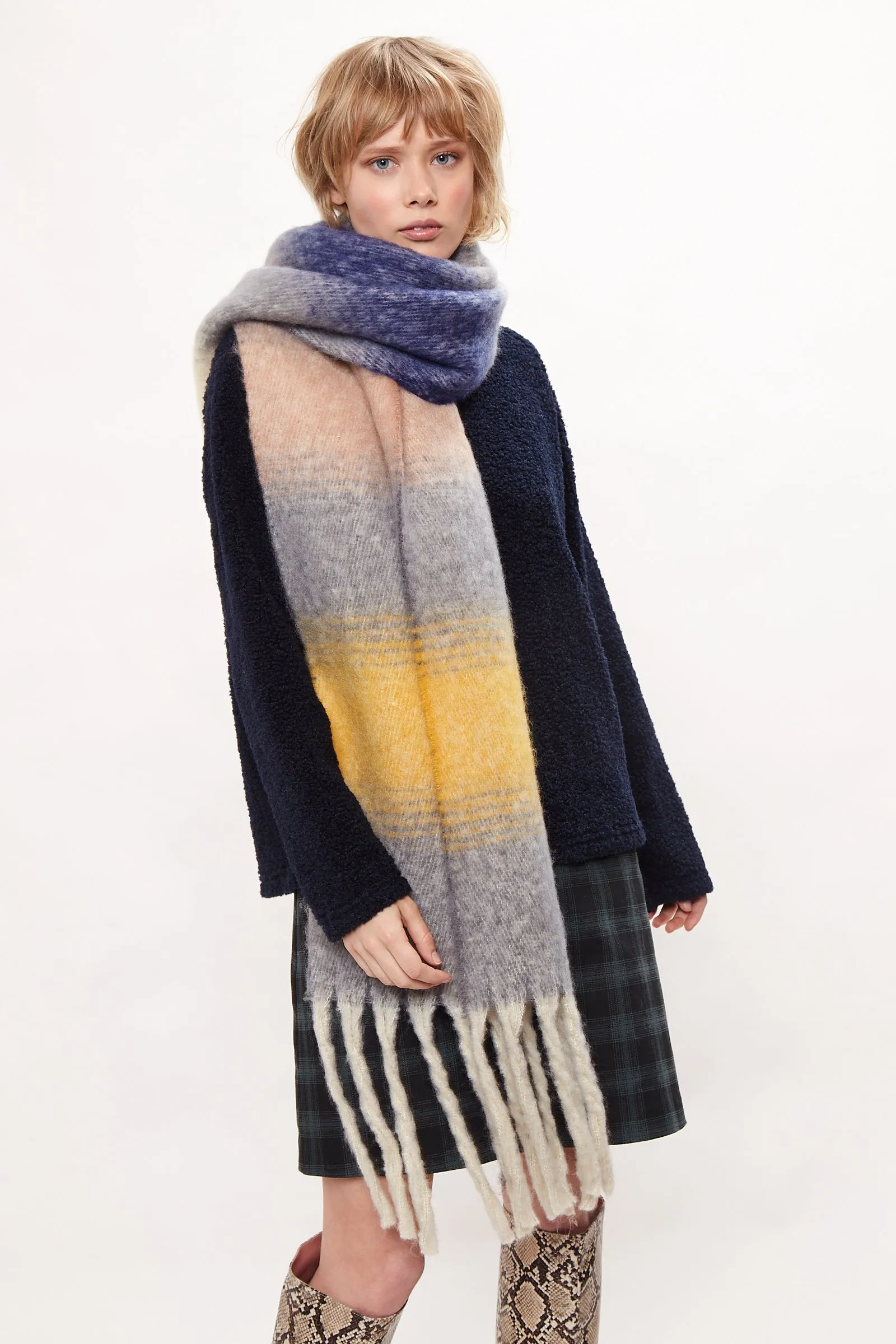 Louche Ciara Cosy Fluffy Striped Tassel Scarf - Grey