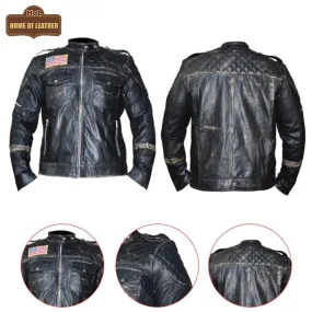 M021 New US Flag Black Vintage Distressed Moto Retro Jacket