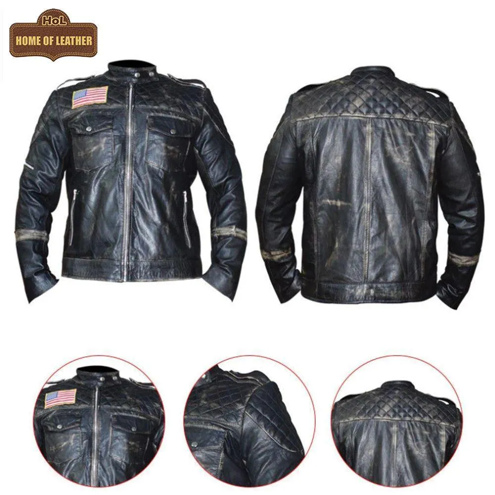 M021 New US Flag Black Vintage Distressed Moto Retro Jacket
