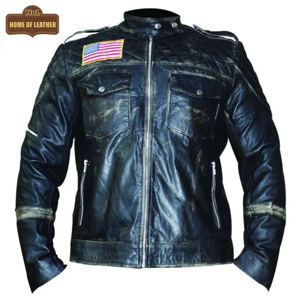 M021 New US Flag Black Vintage Distressed Moto Retro Jacket
