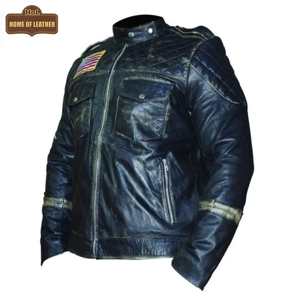 M021 New US Flag Black Vintage Distressed Moto Retro Jacket