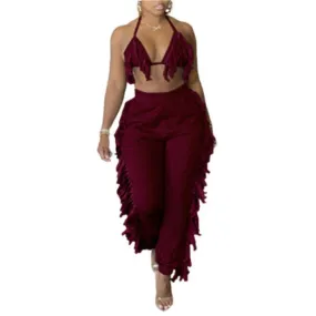 MB FASHION Fringe Halter Top and Jogger Pants Two-Piece Set 9177R