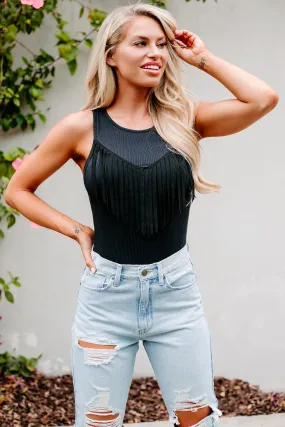 Melinda Sleeveless Fringe Detailed Bodysuit (Black)