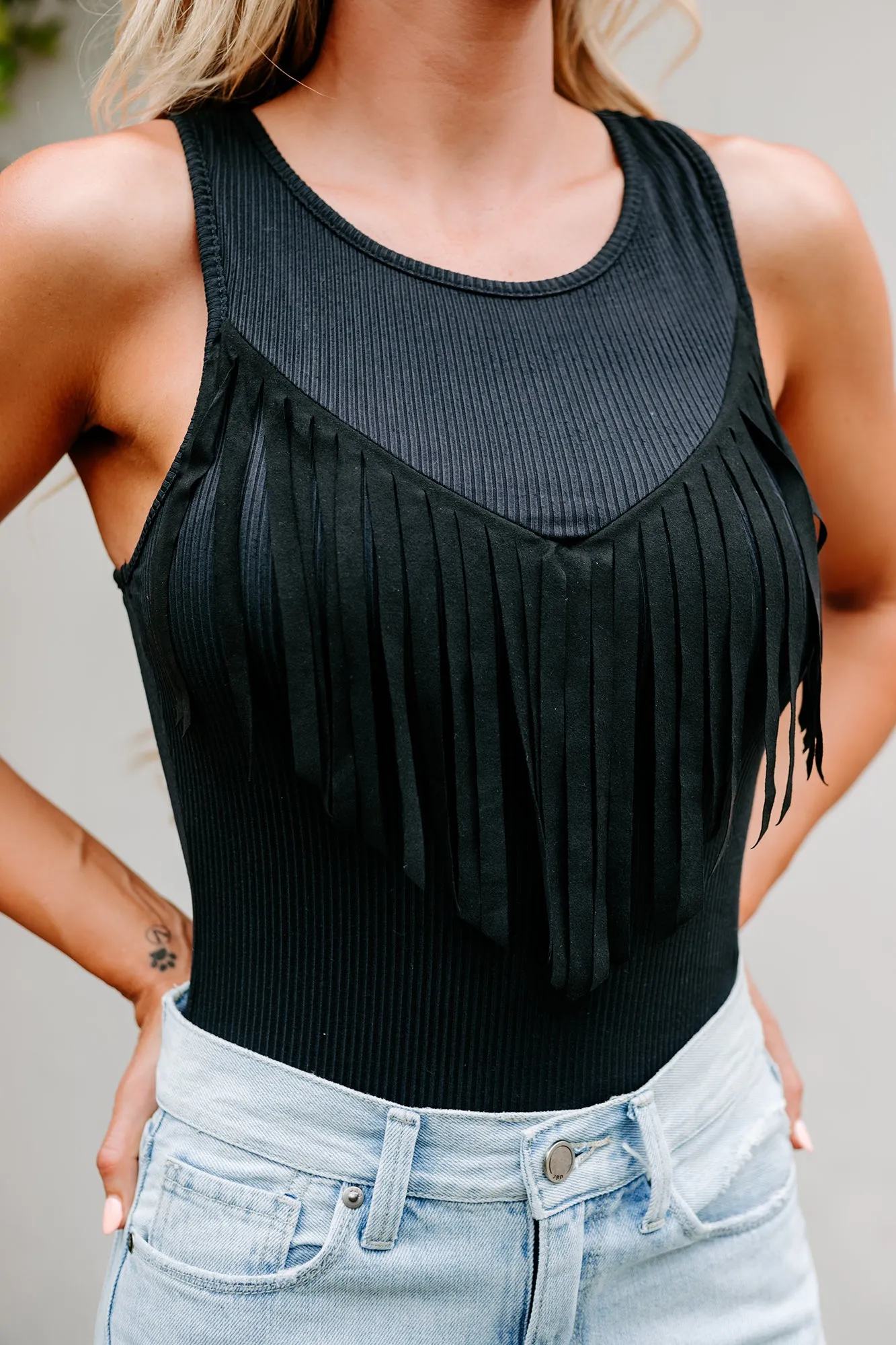 Melinda Sleeveless Fringe Detailed Bodysuit (Black)