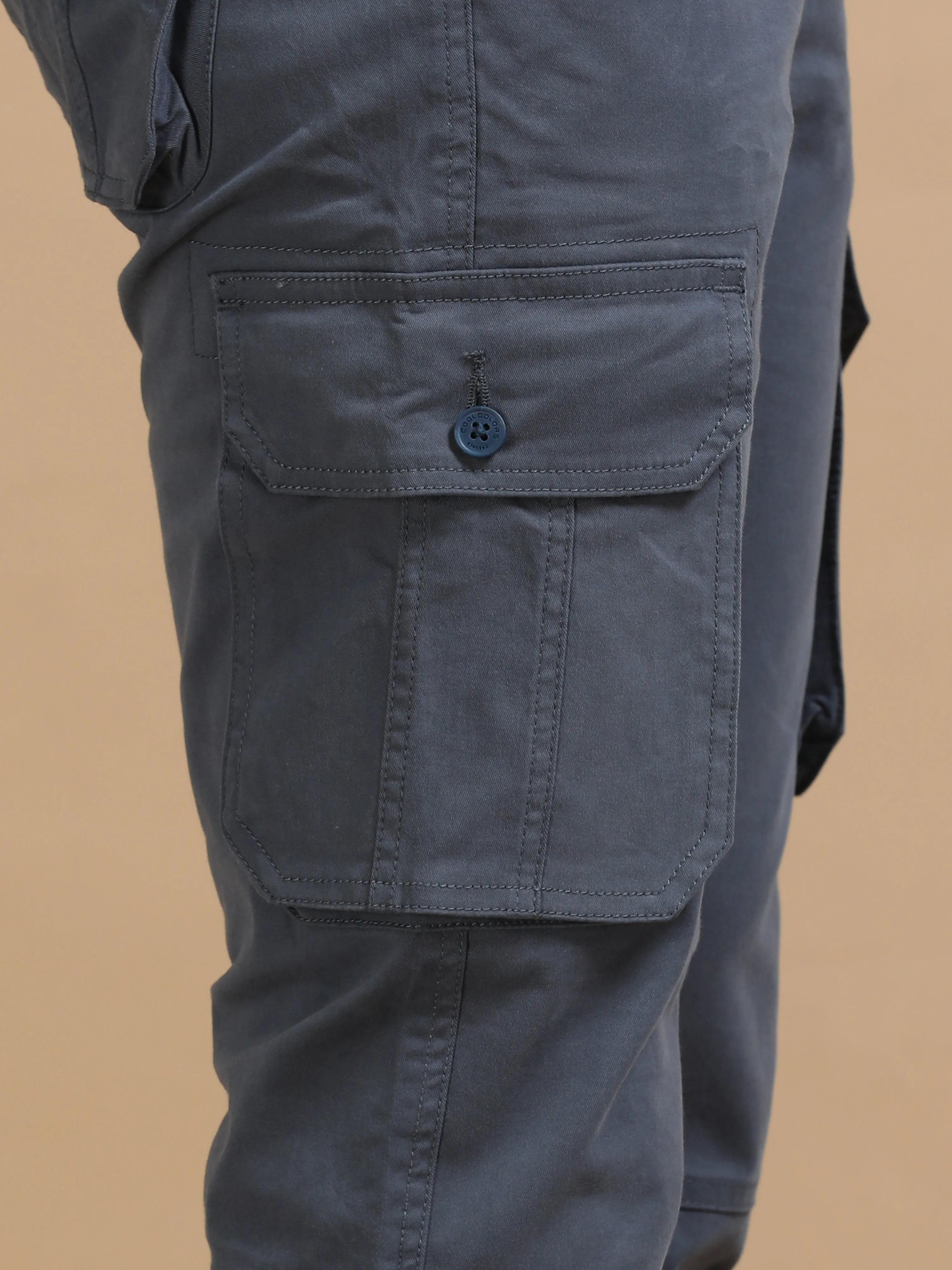 Men Dark Grey Plain Cargo Gap Twill Lycra Casual Joggers