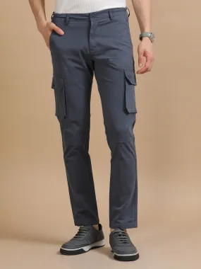 Men Dark Grey Plain Cargo Gap Twill Lycra Casual Joggers
