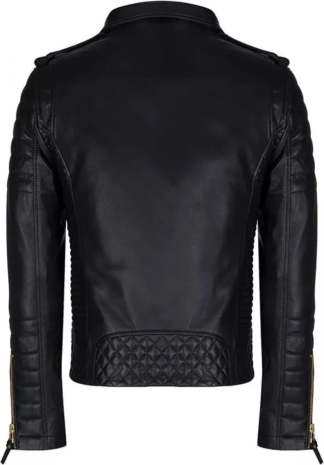 Men’s Black Leather Cafe Racer Quilted Biker Jacket