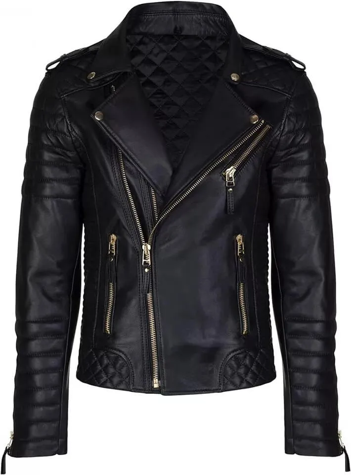 Men’s Black Leather Cafe Racer Quilted Biker Jacket
