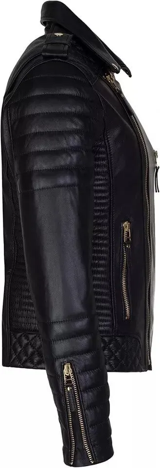 Men’s Black Leather Cafe Racer Quilted Biker Jacket
