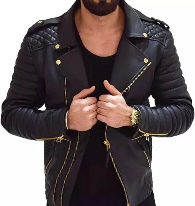 Men’s Black Leather Cafe Racer Quilted Biker Jacket