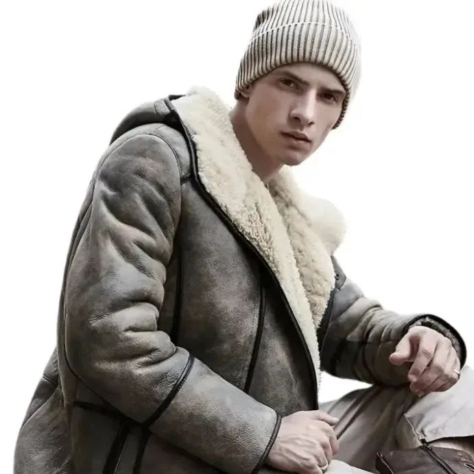 Men's Brown Hooded B7 Shearling Coat Bomber Jacket - Warm & Stylish