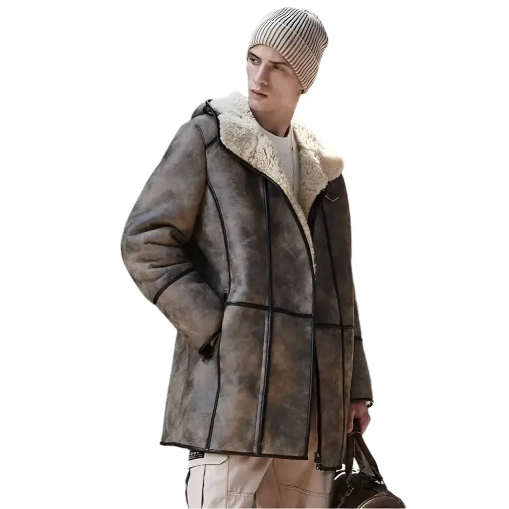 Men's Brown Hooded B7 Shearling Coat Bomber Jacket - Warm & Stylish