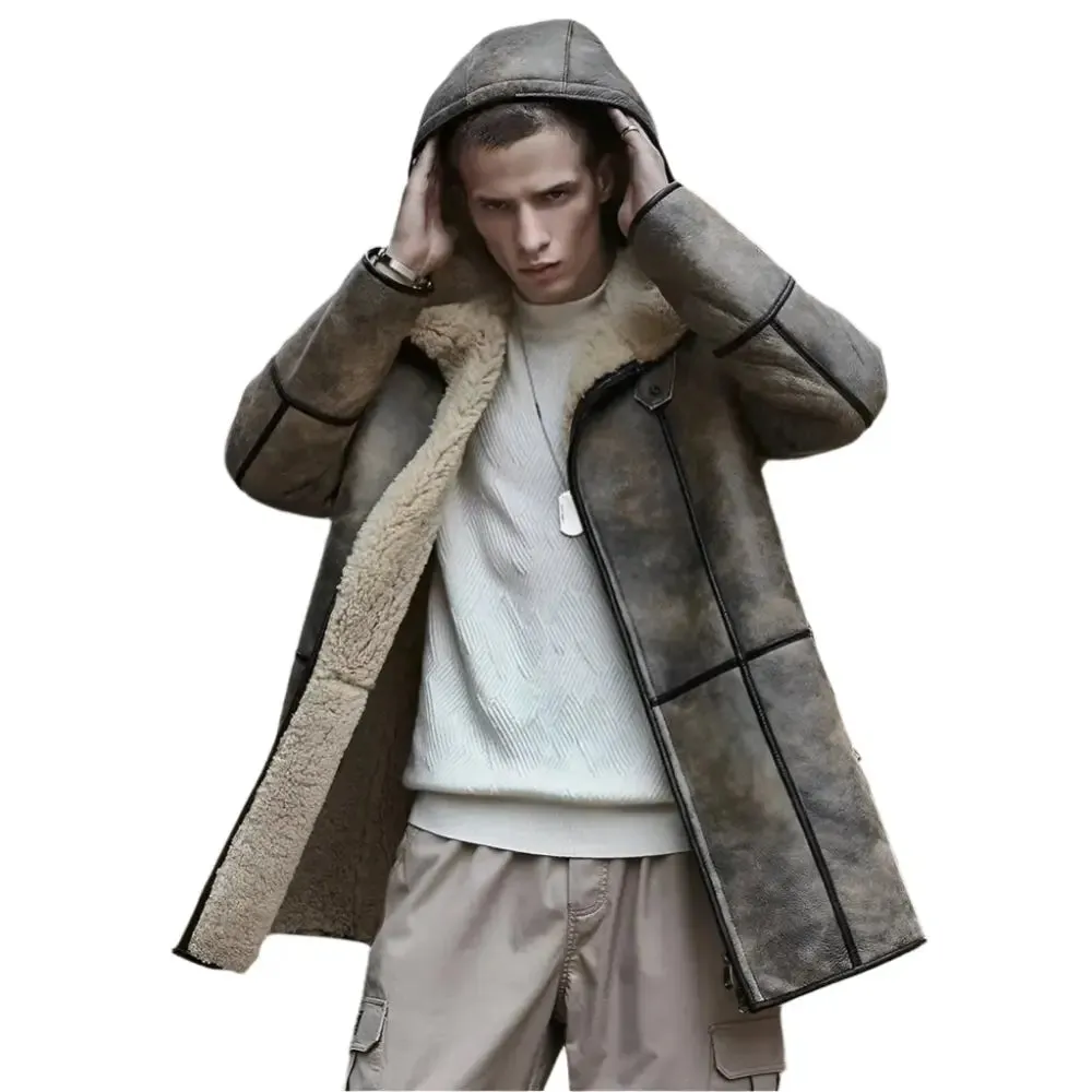 Men's Brown Hooded B7 Shearling Coat Bomber Jacket - Warm & Stylish