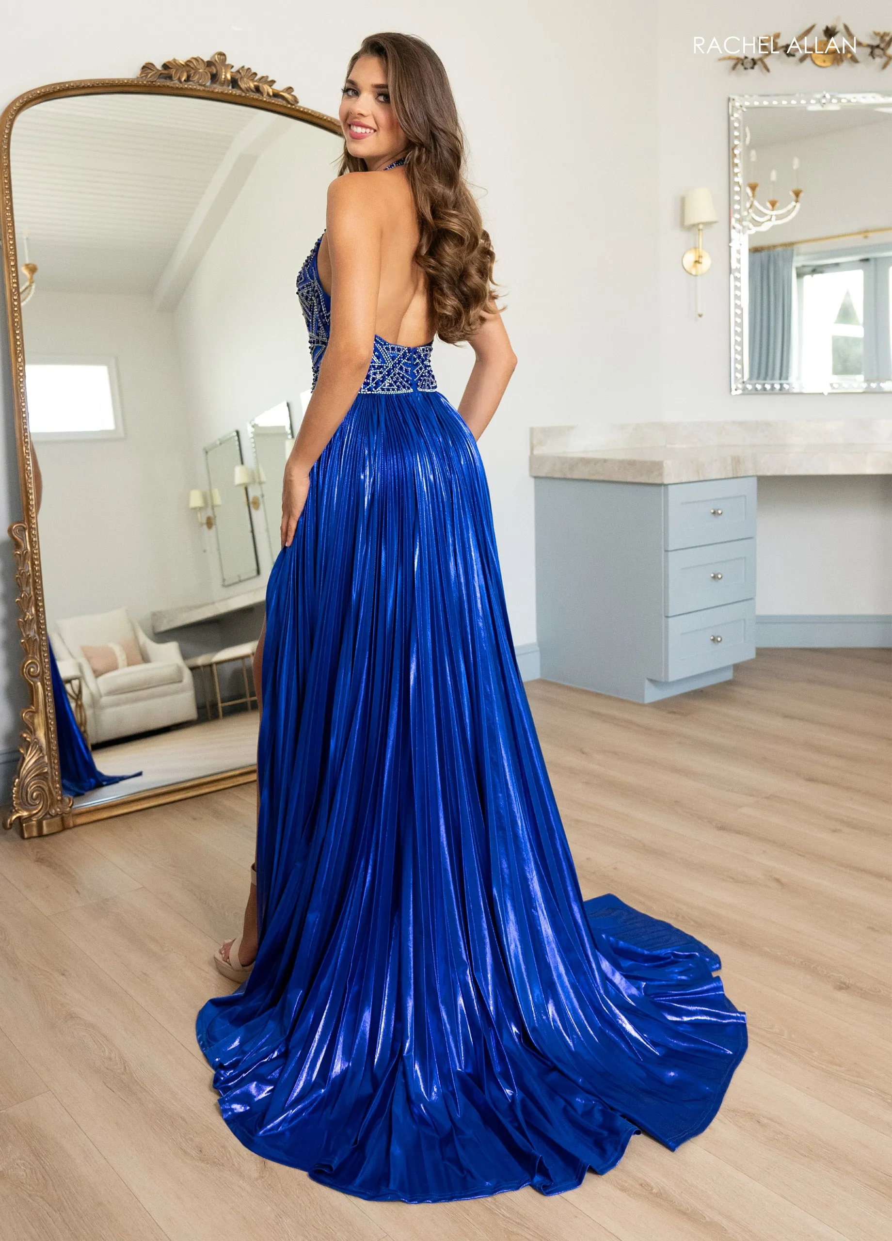 Metallic Halter A-line Slit Gown by Rachel Allan 70793