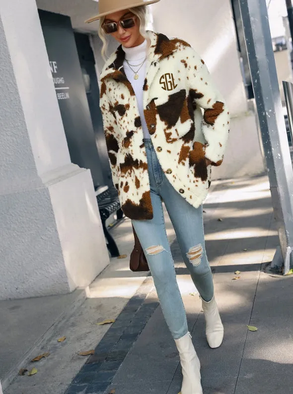 Monogrammed Cow Print Sherpa Jacket
