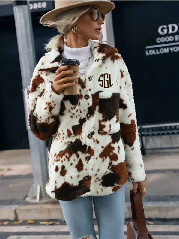 Monogrammed Cow Print Sherpa Jacket