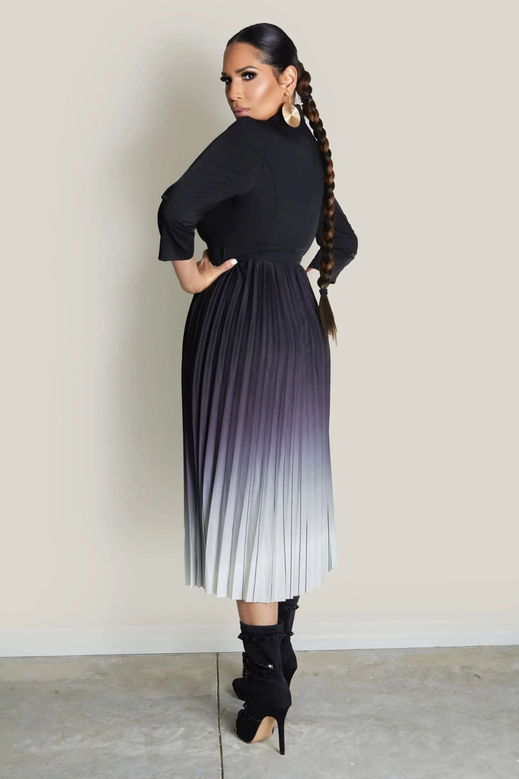 Ombre Pleated Skirt Shirt Dress