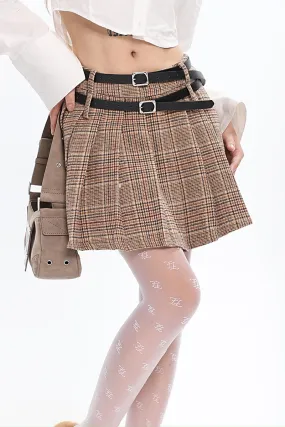 Paisley Plaid Khaki Double Black Mini Belts Pleated Mini Skirt