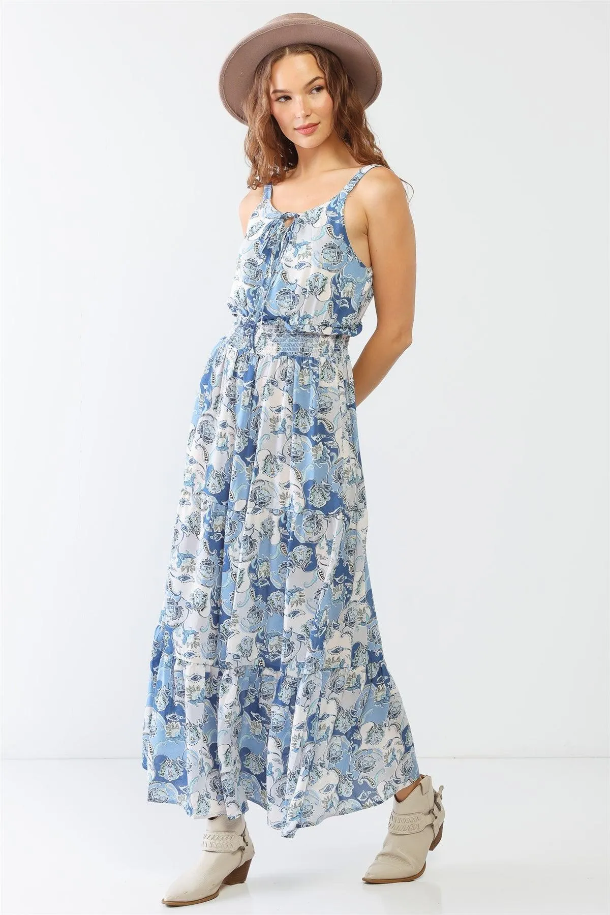 Paisley Strappy Self-Tie Smocked Flare Hem Maxi Dress