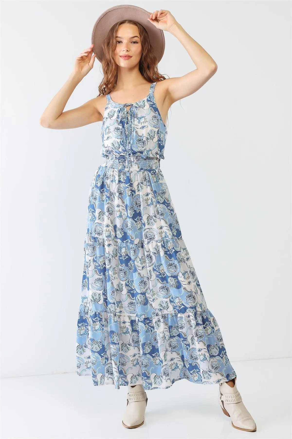 Paisley Strappy Self-Tie Smocked Flare Hem Maxi Dress